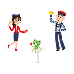 vector flat french parisian culture, traditional people. Woman in beret eats croissant, drinking wine with frog, man in pants on suspenders eats cheese. Isolated illustration, white background