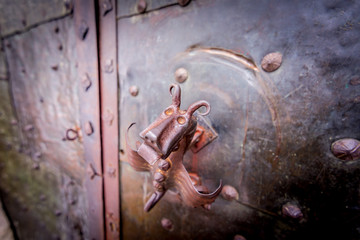 Big metal dragon handle placed on doors to castle