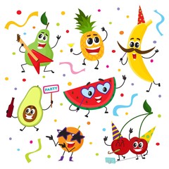 Set of fruit characters having fun at birthday party, dancing, singing, making selfie, cute cartoon vector illustration isolated on white background. Set of funny fruit characters having party