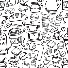 Seamless background doodle hand drawing coffee and equipment with dessert and bread. vector illustration isolate on white background.