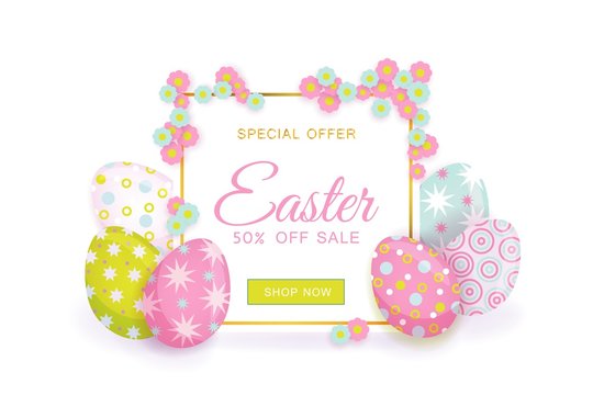 vector easter holiday poster with spring festive elements - decorated eggs, daisy flowers for your design with free space for text. Illustration white background.