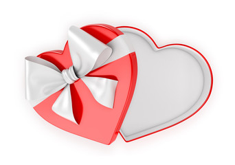 Red gift box in the shape of a heart with a white ribbon on a white background. 3D illustrations