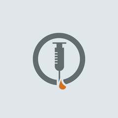 Gray-orange syringe with a drop of medication at the end of the needle. Round vector web icon