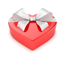Red gift box in the shape of a heart with a white ribbon on a white background. 3D illustrations