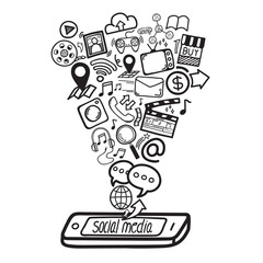 Social media concept. Smartphone can do everything, business, finance or entertainment. Doodle hand draw vector illustration.