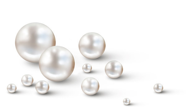 Many small and big white pearls on white background