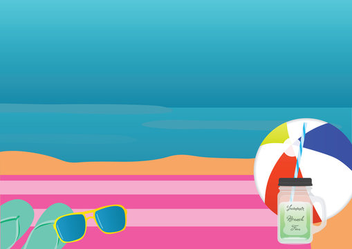 Beach background with towl, cold drink,sunglasses and flip flops