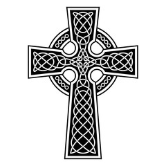 Celtic Cross with white patterns on a black background.