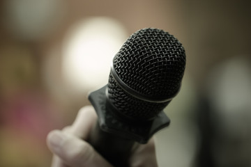 Speaker mini mic, Microphone in Conference room or seminar meeting hall in business event or academic classroom training in lecture class, Concept of Speech and speaking.