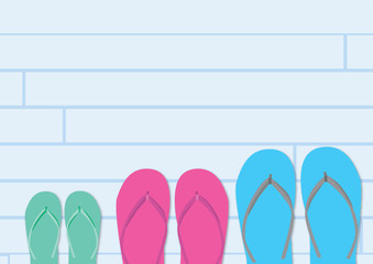 Flipflops on a wooden floor. Family vacation background  illustration