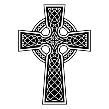 Celtic Cross with white patterns on a black background.
