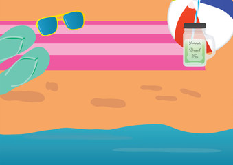 Pink striped towel, sunglasses, flip flops, drinking jar and beach ball