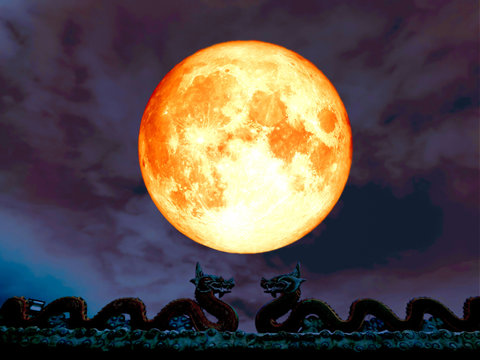 double dragen on roof full blood moon night sky