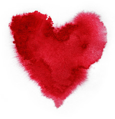 Red heart. Watercolor in shape of heart. Red spot on watercolor paper. Heart red spot on white...