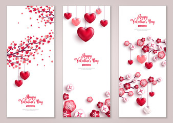 Valentines vertical banners, tree with hearts. - obrazy, fototapety, plakaty