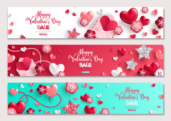 Valentines day horizontal banners, hearts and flowers - obrazy, fototapety, plakaty