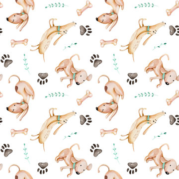 Watercolor cute funny dogs, dog track and green branches seamless pattern, hand drawn isolated on a white background