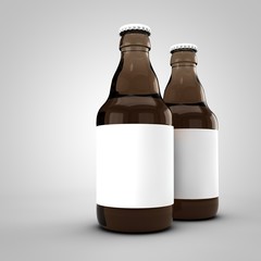 Brown beer bottle mock up with blank white label. 3D Rendering
