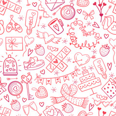 Valentine Day doodles elements pattern. Cute symbols of love,wedding, engagement seamless background. Red pink gradient icons on white hand drawn style vector illustration