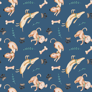 Watercolor cute funny dogs, dog track and green branches seamless pattern, hand drawn isolated on a dark blue background