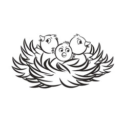 black outline nest with three baby birds vector cartoon