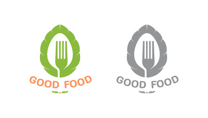 Color and black silhouette icon, logo for company, restaurant or fast food delivery service, vegetarian cuisine, healthy food. Graphic vector, isolated on background with image of spoon, fork, basil.