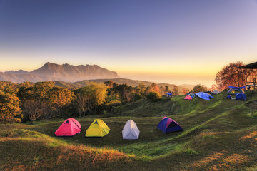 Doi Mae Taman is beautiful.Camping on the mountain fog beautiful sea view.Beautiful sunset.Beautiful sunrise.Traveling mountain camping tent in Chiang Mai, Thailand.