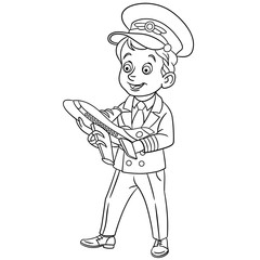 Coloring page. Cartoon Airplane Pilot with toy plane. Design for kids coloring book.