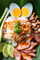 Barbecued red pork in sauce with rice,Barbecued red pork in sauce with rice, Chinese style roasted pork.