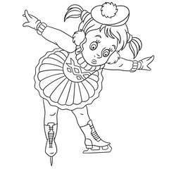 Coloring page. Cartoon girl learning how to skate. Design for kids coloring book. © Sybirko