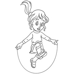 Coloring page. Cartoon girl jumping with skipping rope. Design for kids coloring book.