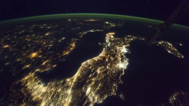 ISS view of rotating planet earth with aurora and star galaxy. Created from Public Domain images, courtesy of NASA JSC : http://eol.jsc.nasa.gov.