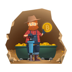 Prospector holding a gold coin. Gold bitcoin trolley with gold