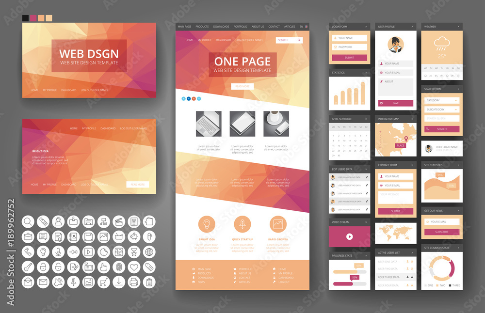 Wall mural website design template and interface elements