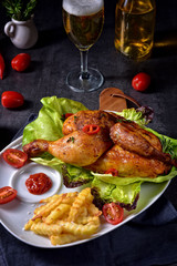 fried chicken with chips and salad