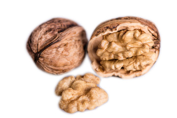 walnuts kernel broken shells on white background 
