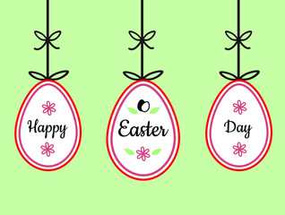 happy easter day text sign on hanging easter eggs with flower and ribbon bow decoration red and black outline vintage style greeting card on green background