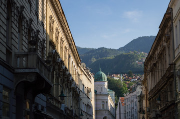 Pedestrian Zone with Mountain Backdrop in Sarajevo, Bosnia and Herzegovina