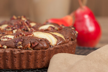 Home Baked Chocolate Pear Pecan Tart. Pears.