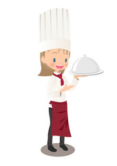 運んだ料理の説明する女性シェフのイラスト画像