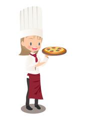 焼きあがったピザを持つ女性シェフのイラスト画像