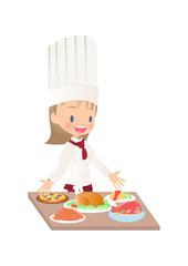 料理を完成させた女性シェフのイラスト画像