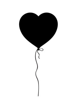 Black silhouette of heart shaped helium balloon isolated on white