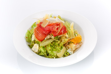 Restaurant food. Salad with bread in a plate. Delicious food.