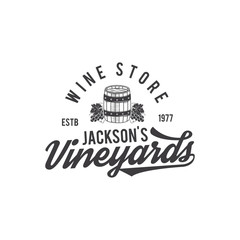 Wine shop logo, label. Organic wines.Vineyard badge. Retro Drink symbol - wine barrel, vines. Typographic design vector illustration. Stock vector emblem and icon isolated on white background