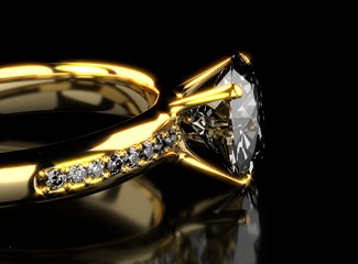 Gold diamond ring placed on reflection background, 3d rendering