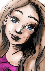 Foto auf Acrylglas close up tekening meisje met bruin haar © emieldelange