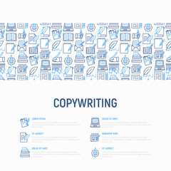 Copywriting concept with thin line icons: letter, e-mail, book, blogging, hand with pen, feather, typewriter, article, seo. Modern vector illustration for web page template, banner.