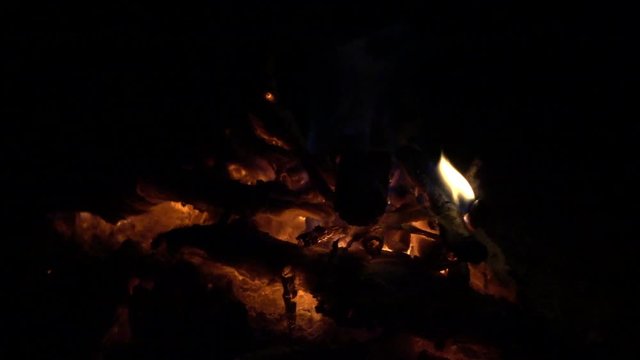 Diminishing bonfire, blue and yellow fire on hot coal, slow motion 240 fps, hd 1080p footage
