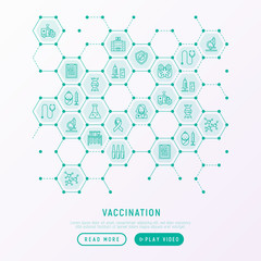 Vaccination concept in honeycombs with thin line icons: vaccine, syringe, ampoule, vial, microscope, virus, DNA, hospital, ambulance. Vector illustration, web page template.